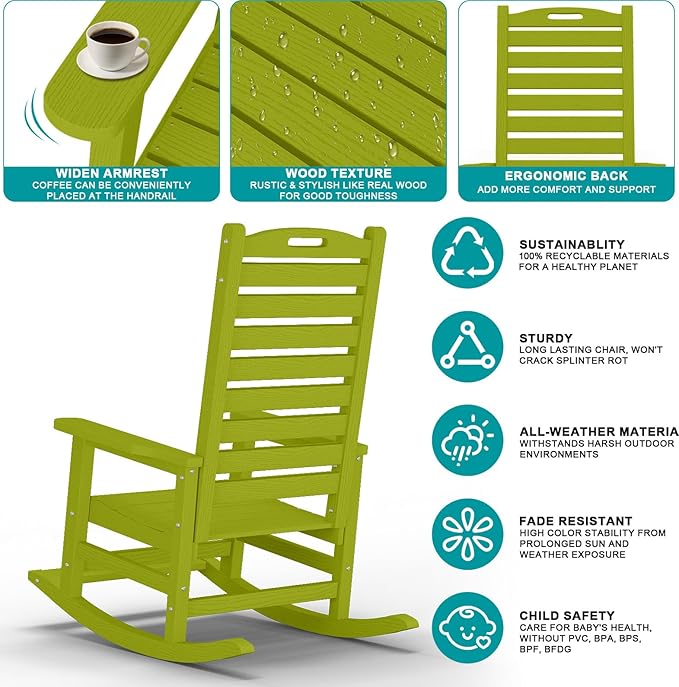 Outdoor Rocking Chair with Removable Footboard for Adults, HDPE High Back Patio Rocking Chairs, 330lbs All Weather Porch Rocking Chairs for Outdoor & Indoor -Pistachio Green