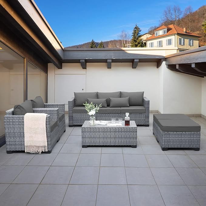 6 Pieces Wicker Patio Furniture Sets Outdoor Conversation Set PE Rattan Sectional Sofa Couch with Storage Table and Grey Cushions