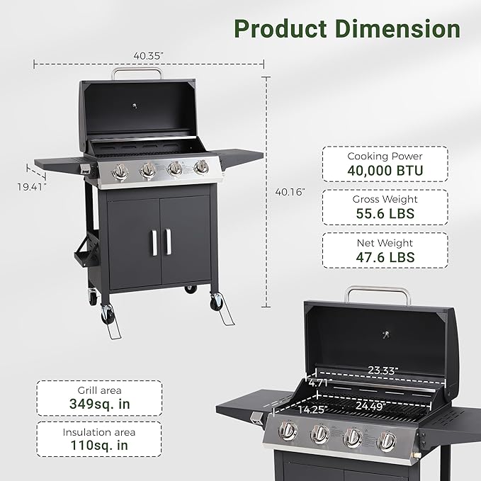 HUGROVE Propane Gas BBQ Grill with Wheels, 40,000 BTU Output Stainless Steel Barbecue Grill for Backyard & Outdoor Cooking Easy to Assemble, Foldable Side Tables & Spice Rack (Black)