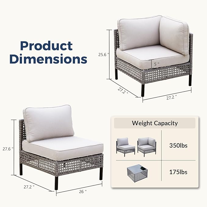 4-Piece Outdoor Modular Wicker Sofa Set with 2 Armchairs and 2 Armless Chairs, PE Rattan Sectional Furniture with 4" Beige Cushions, Gray Patio Seating for Deck, Garden, Porch