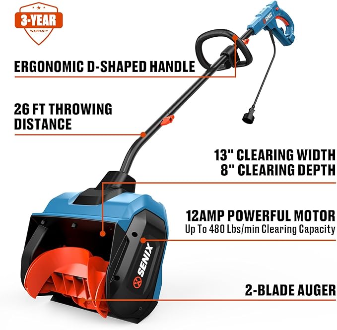 SENIX 12 Amp Electric Snow Shovel | 13-Inch Corded Snow Thrower with 8-Inch Clearing Depth | 480 lbs/Min Removal, 26ft Max Throw Distance for Driveway, Sidewalk, Steps & Patio (STE12-L)