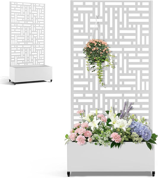 Metal Raised Garden Bed with Trellis Privacy Screen for Outdoor Plants, Planter Box with Wheels for Patio, 35"L×16"W×71"H Privacy Planters for Climbing Vegetables, Flowers, Fruits (White Street)