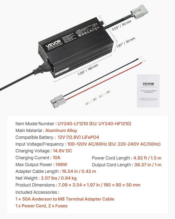 VEVOR 12V 10A Lithium Battery Charger, 14.6V, AC-DC LiFePO4 Smart Charger, with Anderson Connector, LED Indicator, 0V Activation, for Lithium LiFePO4 Deep Cycle Rechargeable Batteries of Boat, RV