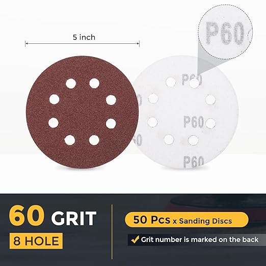 HARFINGTON 50 Pcs 5 Inch Sanding Discs, 60 Grit Hook and Loop Sandpaper, 8-Hole Aluminum Oxide Orbital Sander Sandpaper for Woodworking Automotive Metal Polishing, Red