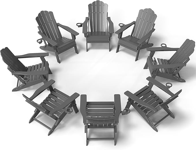FOOWIN Adjustable Adirondack Chair, Folding Adirondack Chair with Cup Holder, HDPE All-Weather Fire Pit Chair with 3 Recline Positions, Suitable for Patio, Garden, Backyard, Poolside, Grey