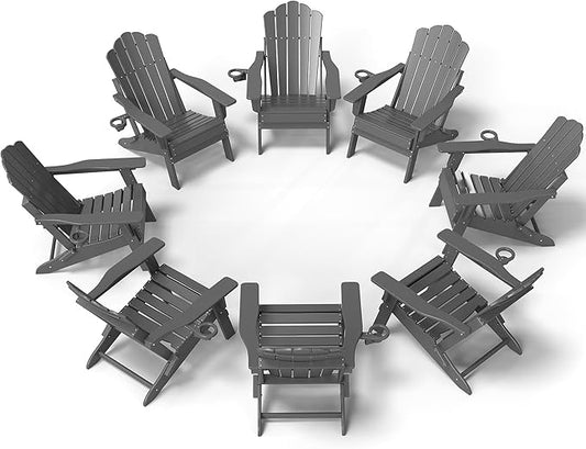 FOOWIN Adjustable Adirondack Chair, Folding Adirondack Chair with Cup Holder, HDPE All-Weather Fire Pit Chair with 3 Recline Positions, Suitable for Patio, Garden, Backyard, Poolside, Grey