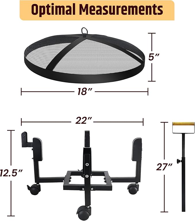 FEBTECH - 2 in 1 Smokeless Firepit Accessory Combo - 18" Spark Screen, 22" Rolling Trolley Stand for 19.5" Fire Pits - Smokeless Firepit Accessories for Camping, Patio, Backyard