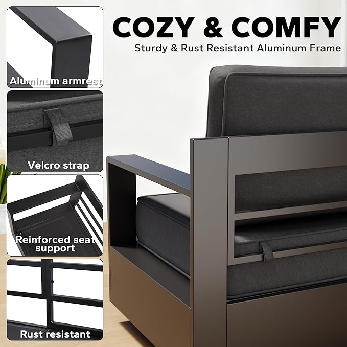 Aluminum Outdoor Conversation Furniture Set - All Weather Patio 79" Sofa with 4 Swivel Rocker Chairs, 6" Water-Resistant Cushions & Furniture Covers & Metal Armrest for Backyard (Grey)