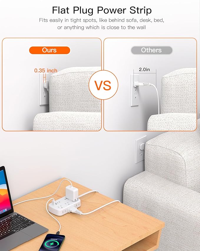 Flat Plug Extension Cord, Power Strip 25FT, 6 Outlets with 4 USB Ports(2 USB C), Wall Mount Charging Station, No Surge Protector for Home Office College Dorm Room Travel Essentials