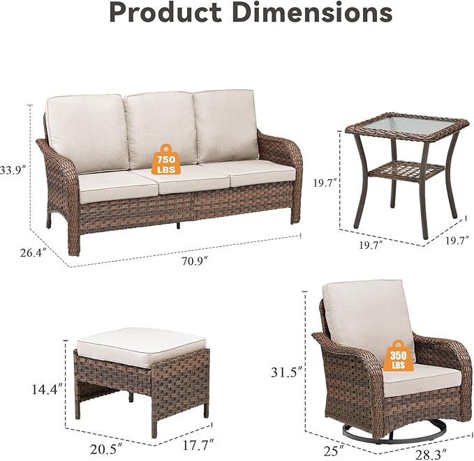 12 Pieces Outdoor Patio Furniture Set-All-Weather Outdoor Furniture Set with High Back Wicker Swivel Patio Chair Set of 4, Patio Conversation Sets for Garden Porch Deck Brown/Beige