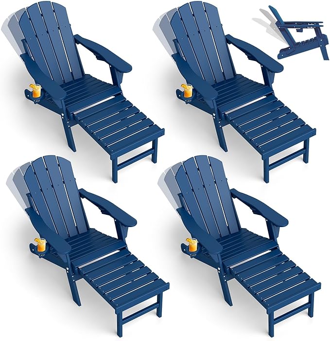 GREENVINES Adjustable Adirondack Chair with Retractable Ottoman Set of 4 | Folding | HDPE Plastic | Fire Pit Chairs w/Foot Rest | 2 Cup Holders | Blue | for Outdoor Patio Poolside Deck