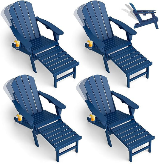 GREENVINES Adjustable Adirondack Chair with Retractable Ottoman Set of 4 | Folding | HDPE Plastic | Fire Pit Chairs w/Foot Rest | 2 Cup Holders | Blue | for Outdoor Patio Poolside Deck