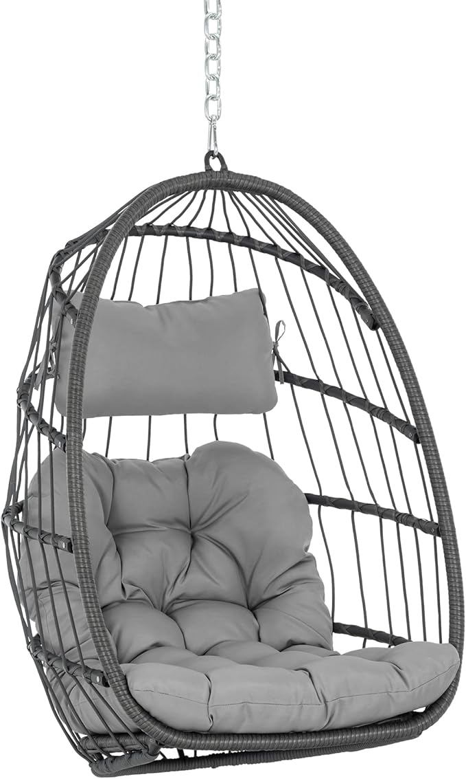 Yechen Swing Egg Chair Without Stand Indoor Outdoor, Foldable Wicker Rattan Hanging Egg Chairs Hammock Egg Basket Chair with Aluminum Frame & UV Resistant Cushions for Bedroom Patio Porch