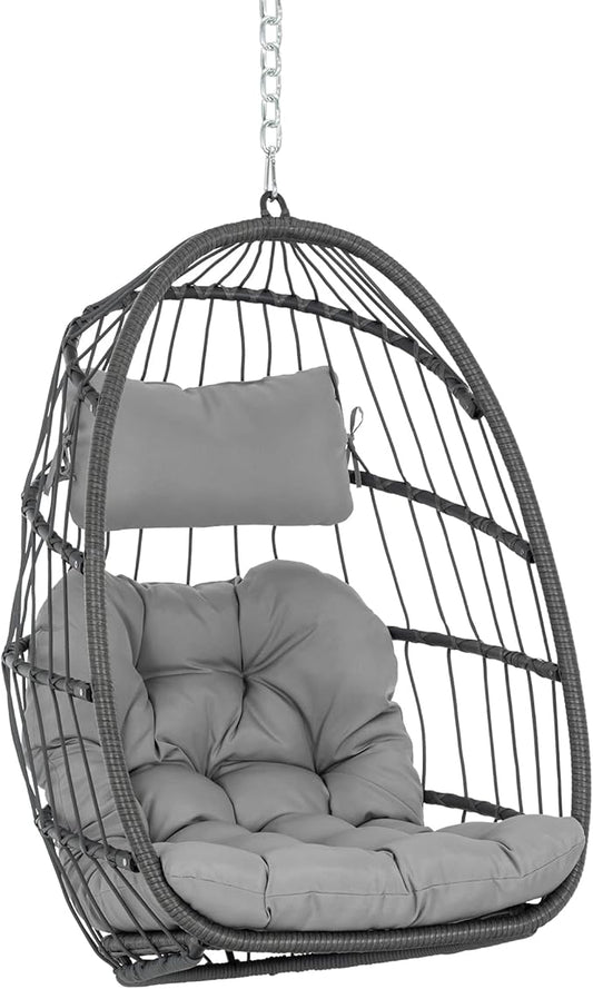 Yechen Swing Egg Chair Without Stand Indoor Outdoor, Foldable Wicker Rattan Hanging Egg Chairs Hammock Egg Basket Chair with Aluminum Frame & UV Resistant Cushions for Bedroom Patio Porch