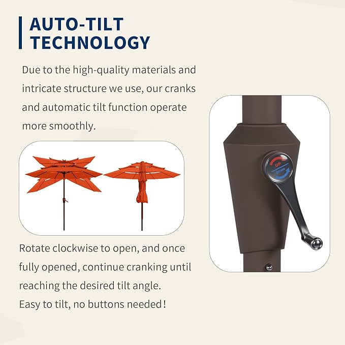 9FT 3 Tiers Patio Umbrella With Auto Tilt and Crank, Outdoor Table Market Umbrella with 8 Sturdy Ribs for Garden,Lawn,Deck,Backyard and Pool,Orange