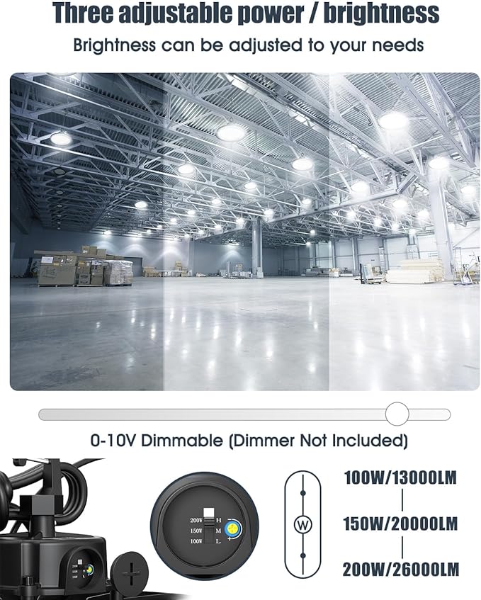 High Bay LED Shop Lights for Garage Workshop,100W 150W 200W Adjustable 130LM/W Super Bright 0-10V Dimmable UFO lights with US Plug,6500K AC100V-277V IP65 Waterproof Commercial Bay Lamp for Barn 10Pack