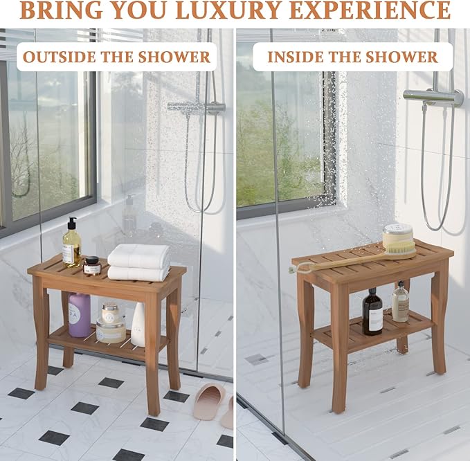 Domax Bamboo Shower Benches for Inside Shower - Bathroom Bench Seat Waterproof Wooden Shower Stool with Storage Shelf for Adults Elderly Seniors Wood Shower Chair for Bathtub or Small Spaces (Walnut)