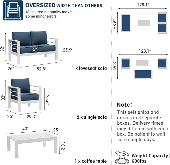 UDPATIO Aluminum Patio Furniture Set Oversize Outdoor Seating Set for Balcony(Include Waterproof Sofa Cover)