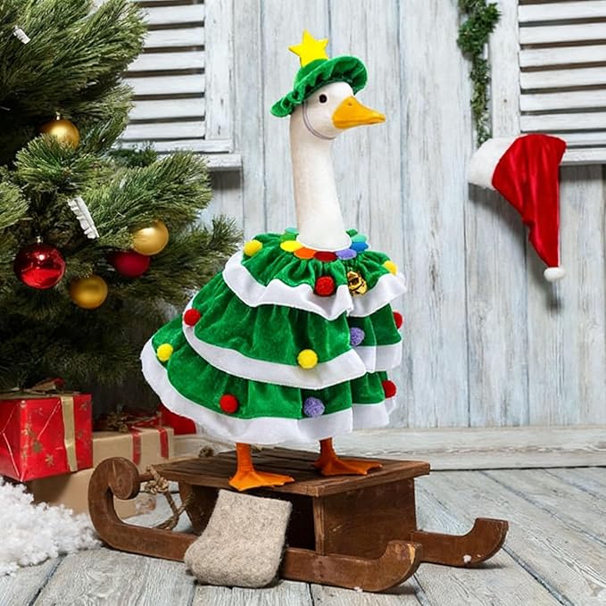 Christmas Porch Goose Outfits - 3Pcs Lawn Goose Goose Costume Small Green Hat, Rainbow Collar and Christmas Tree Skirt for 23 Inch Goose Statues, Holiday Outdoor Garden Porch Yard Lawn Patio Decor