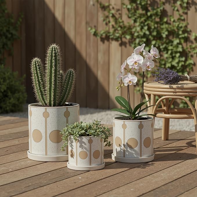 Ceramic Plant Pots Planters with Drainage Hole and Saucer Indoor Flower Pot Set with Hole Mesh Pad and Silicone Plug 4.72 + 5.51 + 6.5 Inch
