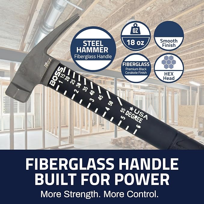 Boss Hammer 18 oz. Premium 4340 American Steel Rip Claw Hammer - Shock-Absorbing Poly-Fiberglass Handle, No-Slip Grip, Cerakote Finish, Smooth Face - Made in USA - BH18STPFS