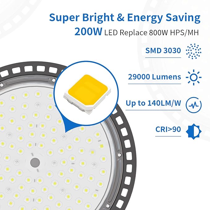 6 Pack UFO LED High Bay Light 200W, 29000 LM, 5000K with 5ft Power Cord, US Plug, Bright LED Shop Light for Basement Commercial Factory Garage Lighting, IP66 Waterproof, AC110-277V, ETL Listded