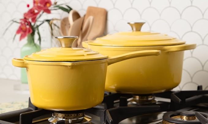 Larder & Vine 5-Piece Enameled Cast Iron Cookware Set - Includes 5.7 Quart Dutch Oven with Lid, 10.25 Inch Skillet, 2.2 Quart Saucepan with Lid (Limoncello)