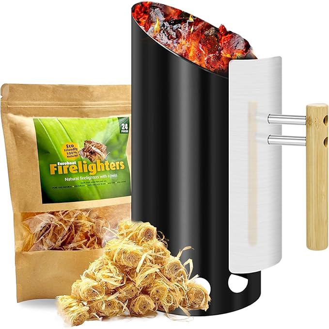 Thickened Durable Charcoal Chimney Starter with 24PCS Firelighters BBQ Oven Enamel firepit Starter SS Shelf Wooden Handel with Hex Screw and Tool Sloping Mouth Design Easy Burning and Using
