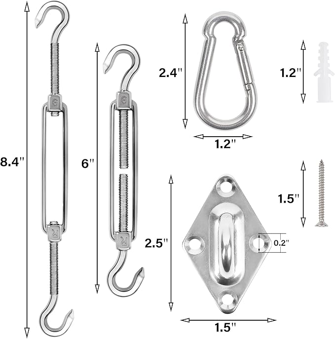YOFIT 40 Pcs Shade Sail Hardware Kit, 6 Inch Outdoor Sun Sail Accessories, 304 Stainless Steel Turnbuckles & Brackets for Triangle/Rectangle Sails, Patio Canopy Installation Hardware Set Waterproof