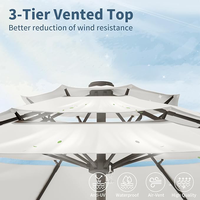 9FT 3 Tiers Patio Umbrella With Auto Tilt and Crank, Outdoor Table Market Umbrella with 8 Sturdy Ribs for Garden, Lawn, Deck, Backyard and Pool, Creamy-white
