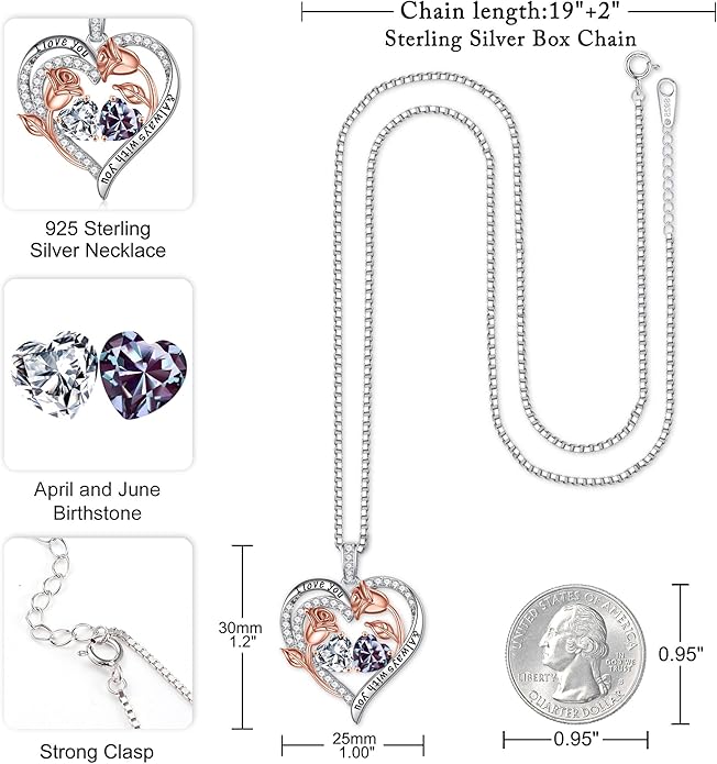 Iefil Christmas Gifts for Women Wife - 925 Sterling Silver Rose Heart Birthstone Necklace Birthday Anniversary Jewelry Gifts for Her Wife Mom Daughter