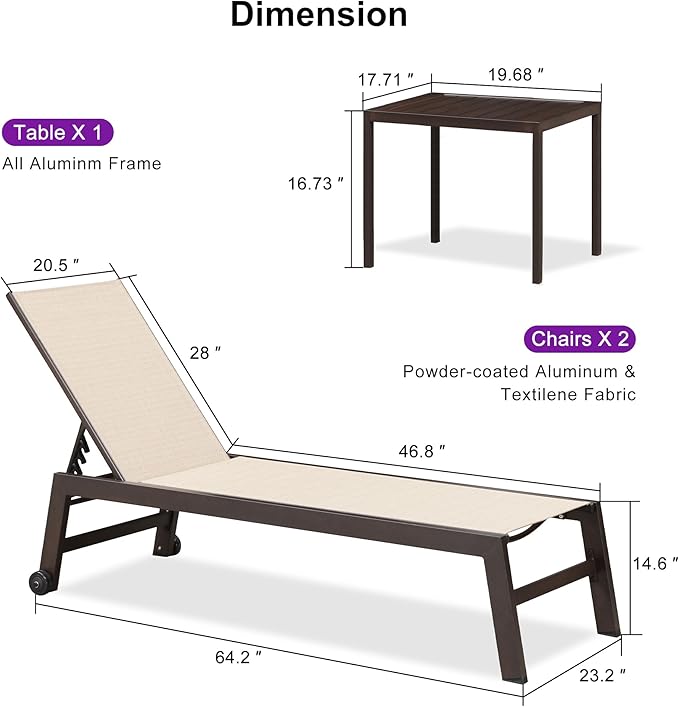 PURPLE LEAF Patio Chaise Lounge Set of 3, Outdoor Chaise Lounge with Adjustable Backrest and Wheels for Deck, Pool, Lawn, Garden, Waterproof & Easy Assembly, Cream
