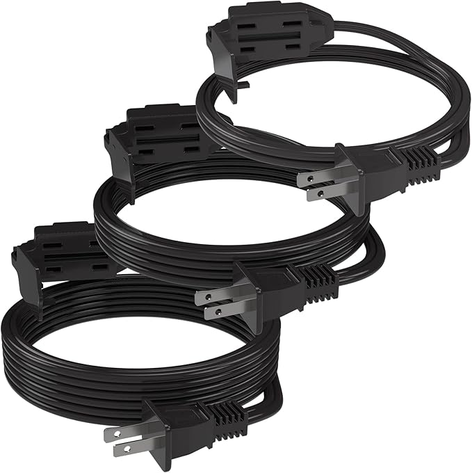 PLUGTUL 3-Pack Indoor Extension Cord (6/9/12FT), 2 Prong Black Extension Cord, 3 Polarized Outlets with Safety Cap Protect for Home Office, 16/2 SPT-2 ETL Listed