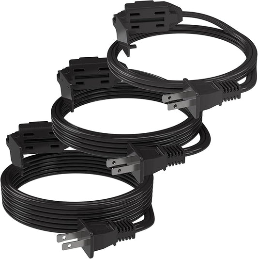 PLUGTUL 3-Pack Indoor Extension Cord (6/9/12FT), 2 Prong Black Extension Cord, 3 Polarized Outlets with Safety Cap Protect for Home Office, 16/2 SPT-2 ETL Listed
