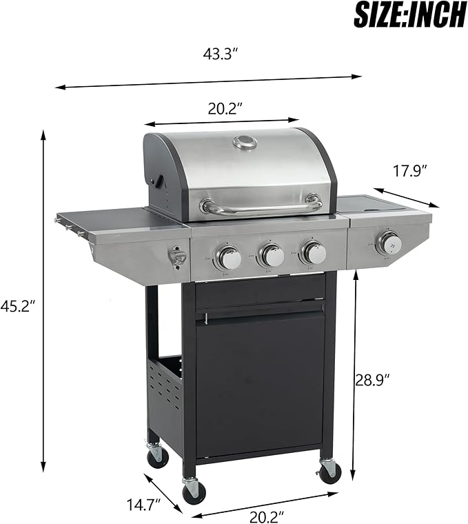 3 Burner Propane Gas Grill with Side Burner, 37,000 BTU Stainless Steel BBQ Grill with Foldable Shelves, Thermometer, Wheels, Ideal for Patio, Backyard, Outdoor Cooking, Barbeque