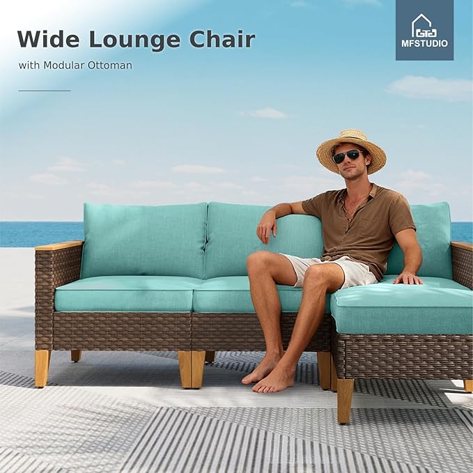 MFSTUDIO 8 Pieces Wicker Patio Furniture Set, All-Weather Rattan Outdoor Half-Moon Sectional Sofas Patio Conversation Set for Garden, 3 x Curved Sofa, 2 x Ottomans(Aqua Blue Cushion)
