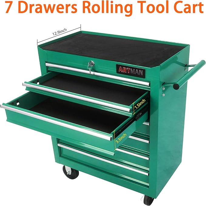 7-Drawer Rolling Tool Cart on Wheels, Multifunctional Trolley Organizer Tool Chest for Workshop, Garage, Warehouse, Repair Shop (7 Drawers-29.9" H-Green)