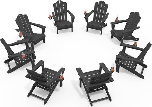 KINGYES Folding Adirondack Chair Set of 8, HDPE All-Weather Patio Chairs with Cup Holder, Wooden Textured Fire Pit Chairs for Poolside, Backyard, Deck, Grey