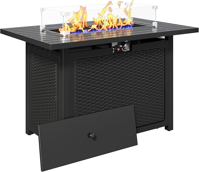 Black Propane Fire Pit Table, 50000 BTU Gas Fire Pits Table with Removable Lid and Lava Rock, Rectangular Fire Table with Cover, Ideal for Dining or Party on Patio, 43'', Garden, Yard