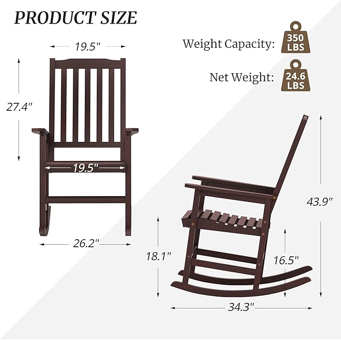 Outdoor Rocking Chairs Set of 2, Rocking Chair Outdoor All Weather Wooden Rockers, Heavy Duty 350lbs, High Back Wide Seat Patio Chairs for Porch, Backyard, Garden, Espresso