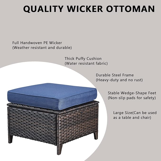 Rilyson Wicker Outdoor Patio Furniture Set - 6 Piece Patio Conversation Sets with Swivel Rocker Chairs, Sofa, Ottomans and Side Table, Thick Cushions, Waterproof Wicker, for Porch Deck Brown/Blue