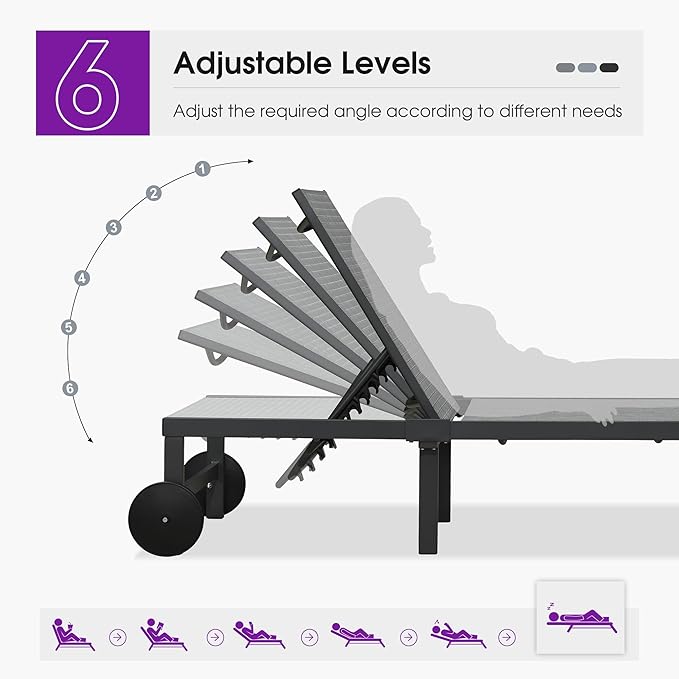 PURPLE LEAF Outdoor Chaise Lounge Chairs Set Adjustable Recliner Chair with Wheels and Table for Poolside Beach Patio Aluminum Reclining Sunbathing Lounger Mixed Grey
