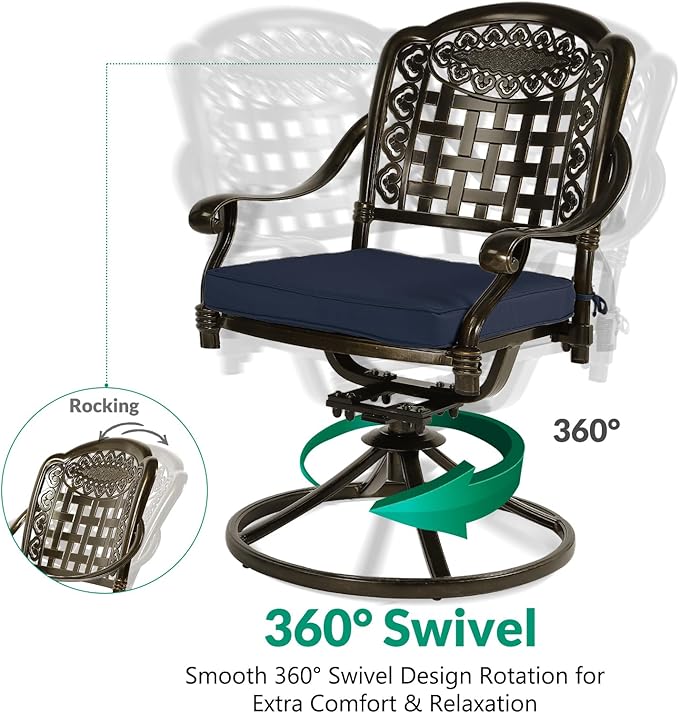 VIVIJASON 3-Piece Patio Bistro Set, Outdoor All-Weather Cast Aluminum Furniture Dining Set, Include 2 Swivel Chairs and 31" Round Table w/Umbrella Hole for Balcony, Lawn, Garden (Navy Blue Cushion)