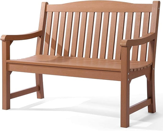 Outdoor Bench, All Weather Resistant Poly Lumber 2-Person Weatherproof Patio Garden Bench, Will not Rot and Fade, Outside Bench Suit for Garden, Porch,Balcony, Poolside, Park - Teak