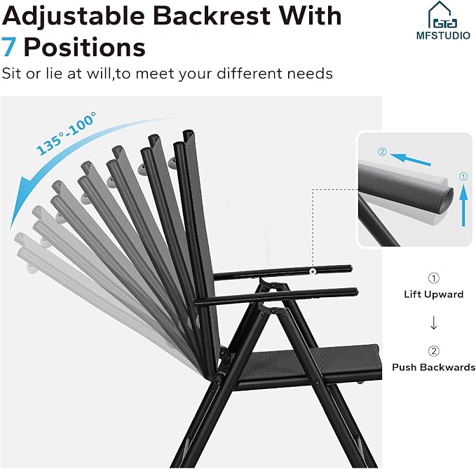 MFSTUDIO Patio Folding Chairs Set of 8, Outdoor Patio Dining Chairs, Portable Black Sling Patio Chairs, 7 Levels Adjustable Sling Back Chairs for Backyard Lawn Garden