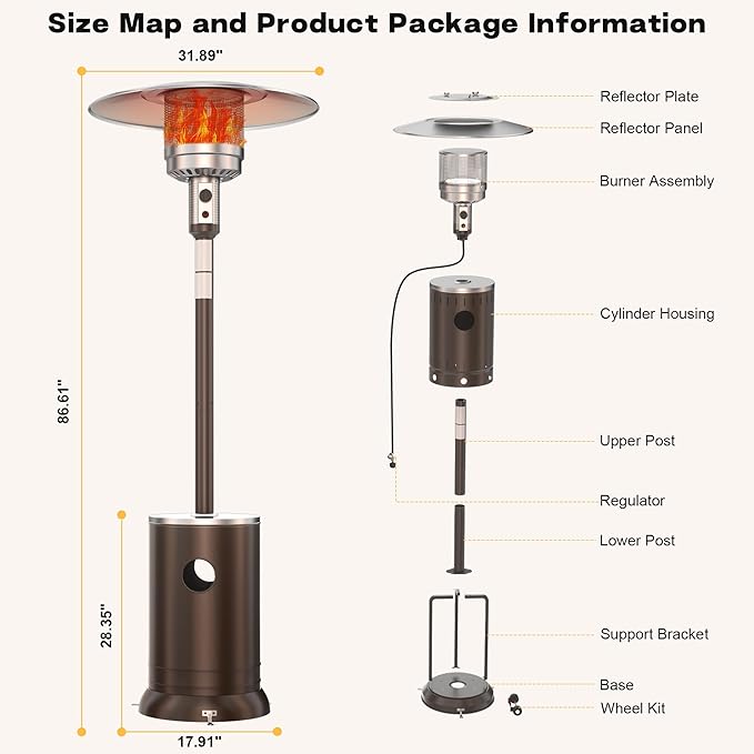 50,000 BTU Patio Heater - Propane Patio Heater with Double-Layer Stainless Steel Burner, Round Table Design Space Heater, Outdoor Heaters with Wheels Used for Garden and Patio, Brown