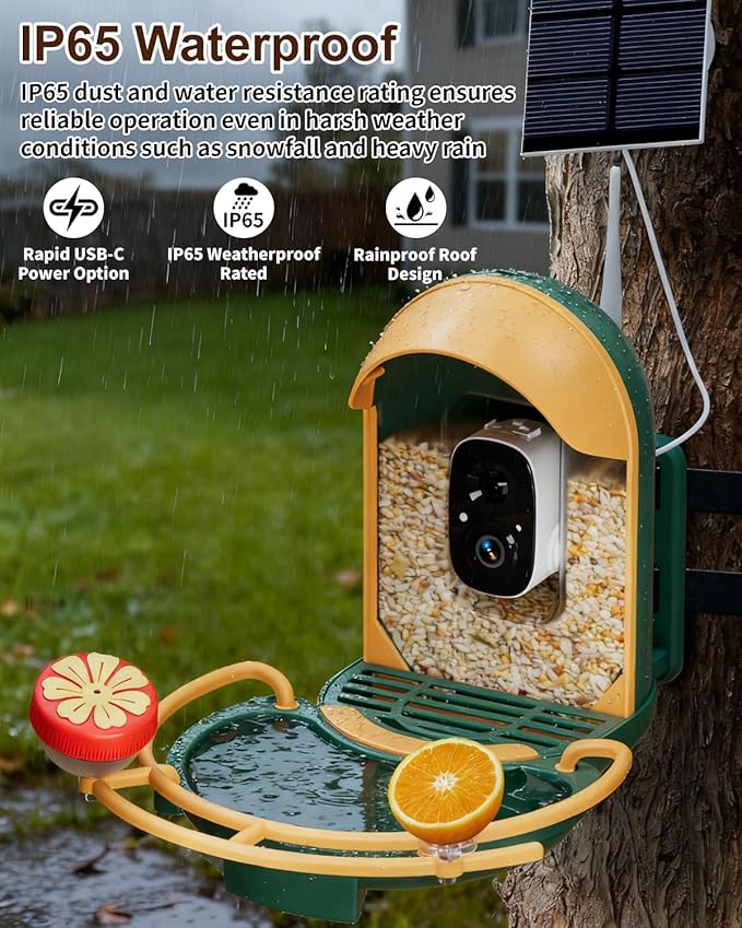 Bird Feeder with Camera, Smart Birdfeeder with Cam Solar Powered, 2K HD Video, AI Identification, Instant Arrival Alerts, IP66 Bird Bath & Feeder,Gift for BirdLover (with BirdBath, Dark Green)
