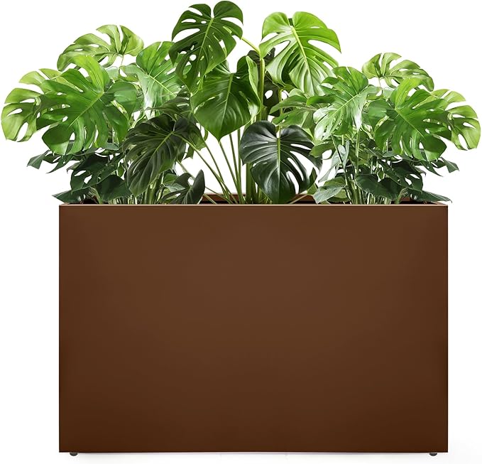 Galvanized Steel Planter Box-No Installation Required Metal Rectangular Block Long Box Planter Modern Outdoor Planters All-Weather Use with Drainage Holes for Patio/Porch, 36×24×12IN（Brown）