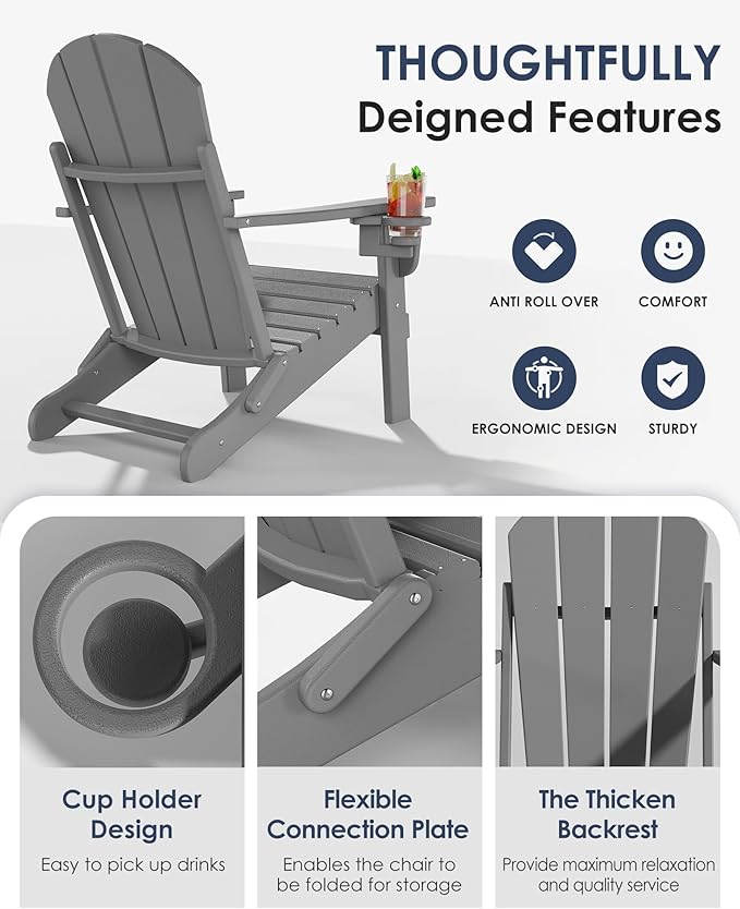 Folding Adirondack Chairs Set of 6, All-Weather Resistant HDPE Patio Firepit Chairs, Sturdy Outside Chairs with Cup Holder, Lawn Chairs, 80% Pre-Installed Load Capacity 385lb, Slate Grey