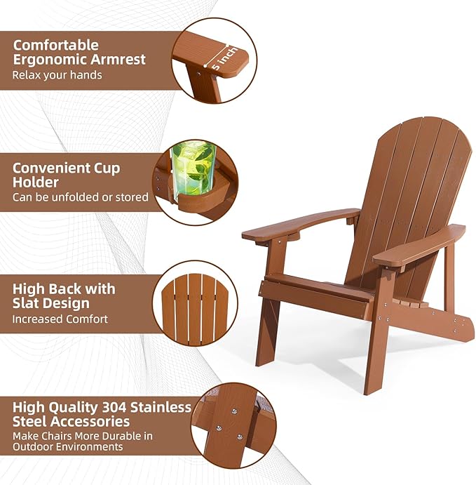 Adirondack Chair, All Weather Resistant Plastic Chairs with Cup Holder, 5 Easy Steps to Install, Outdoor Chairs for Patio, Garden, Backyard Deck, Lawn, Fire Pit - Teak